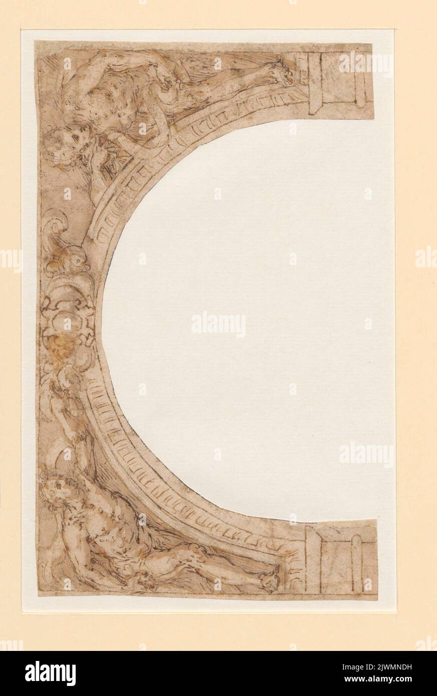 Arch with figural decoration on the sides and cartouche in the middle. Biffi, Gian Andrea (1580 aut 1581-1631), sculptor, Luini, Aurelio (1530-1593), draughtsman, cartoonist Stock Photo