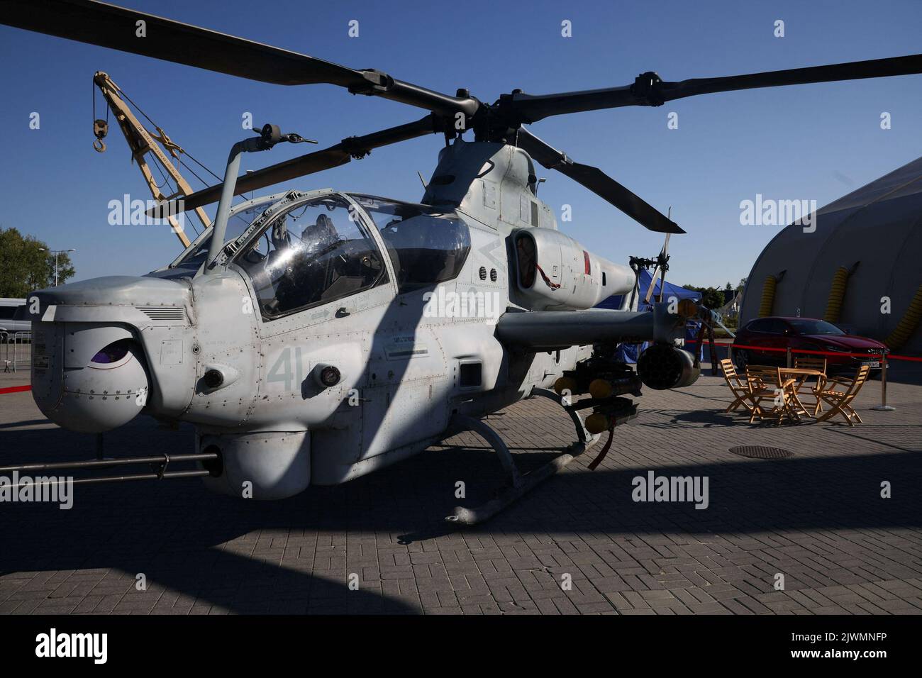 A Bell helicopter Ah-1Z Viper helicopter is seen outside a hall at the 30th International Defence Industry Exhibition in Kielce, Poland September 5, 2022. REUTERS/Kacper Pempel Stock Photo