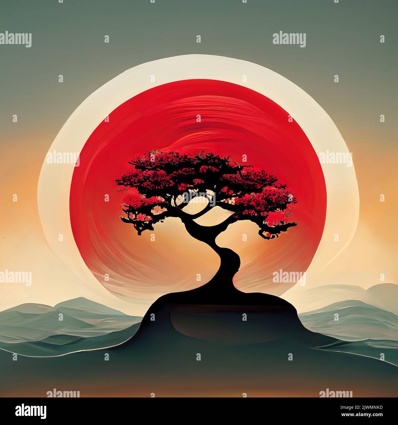 Traditional japanese tree bansai picture paint illustration vintage