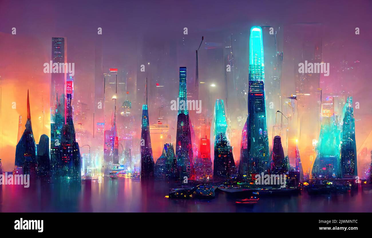 Future modern fantasy magical cityscape urban city skyscrapers building concept Stock Photo