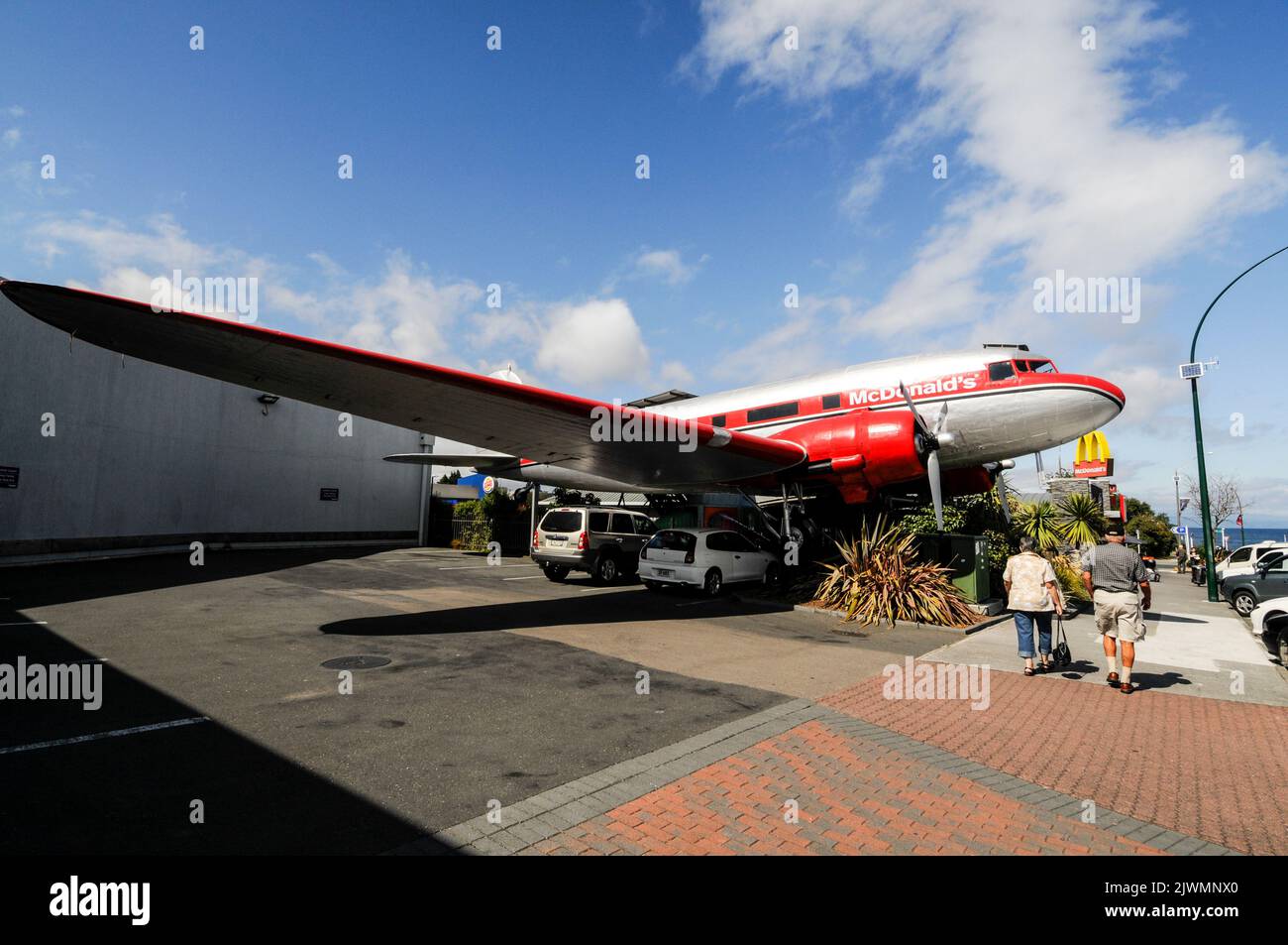 A retired McDonald DC3 now used as an extended restaurant at a McDonald's eatery in Taupo, a town near the centre of New Zealand's North Island on the Stock Photo