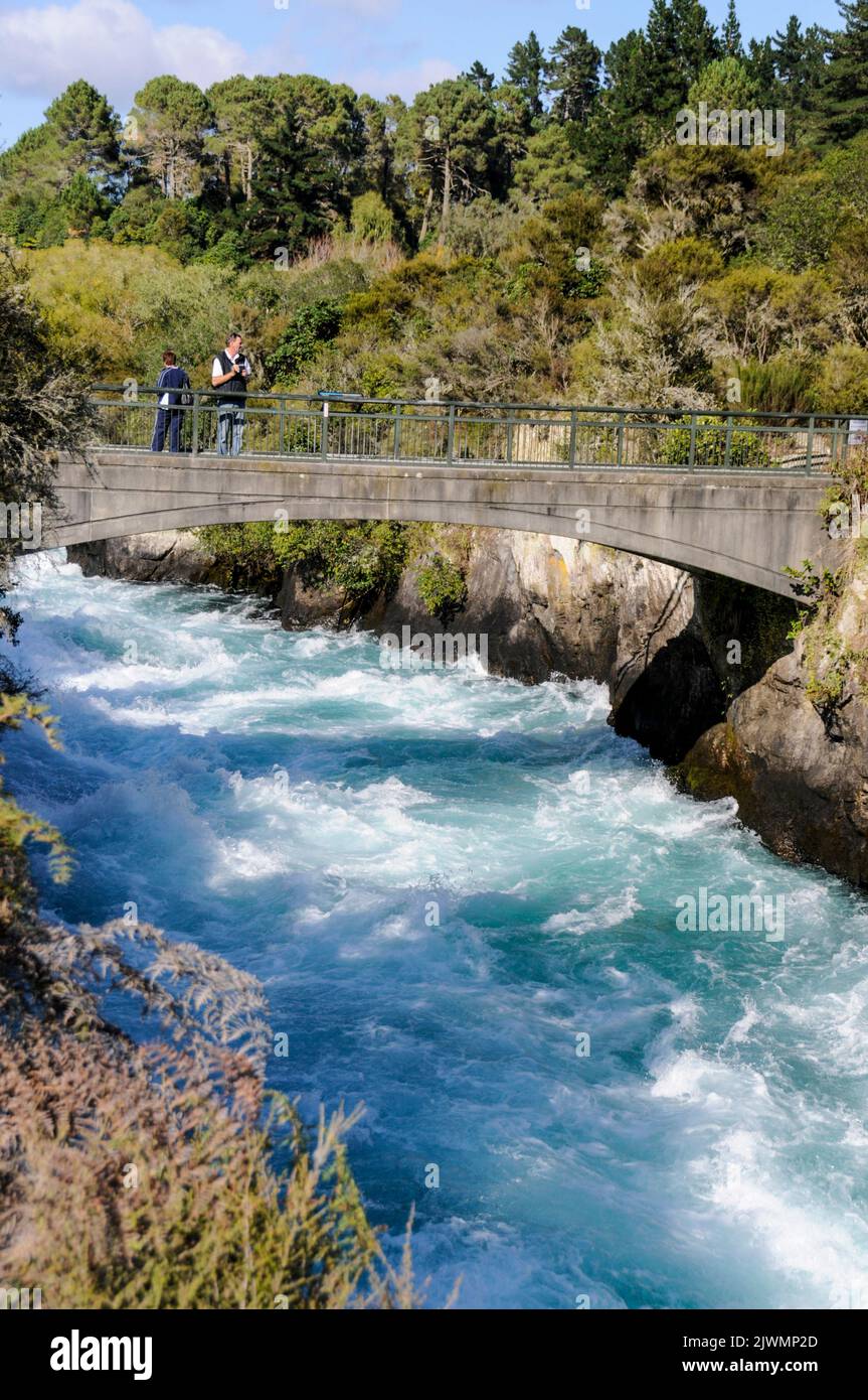 The raging rapids of the Waikato river caught in a narrow canyon or the hard geothermally-altered rock about 15 metres wide and 10 metres deep at Taup Stock Photo