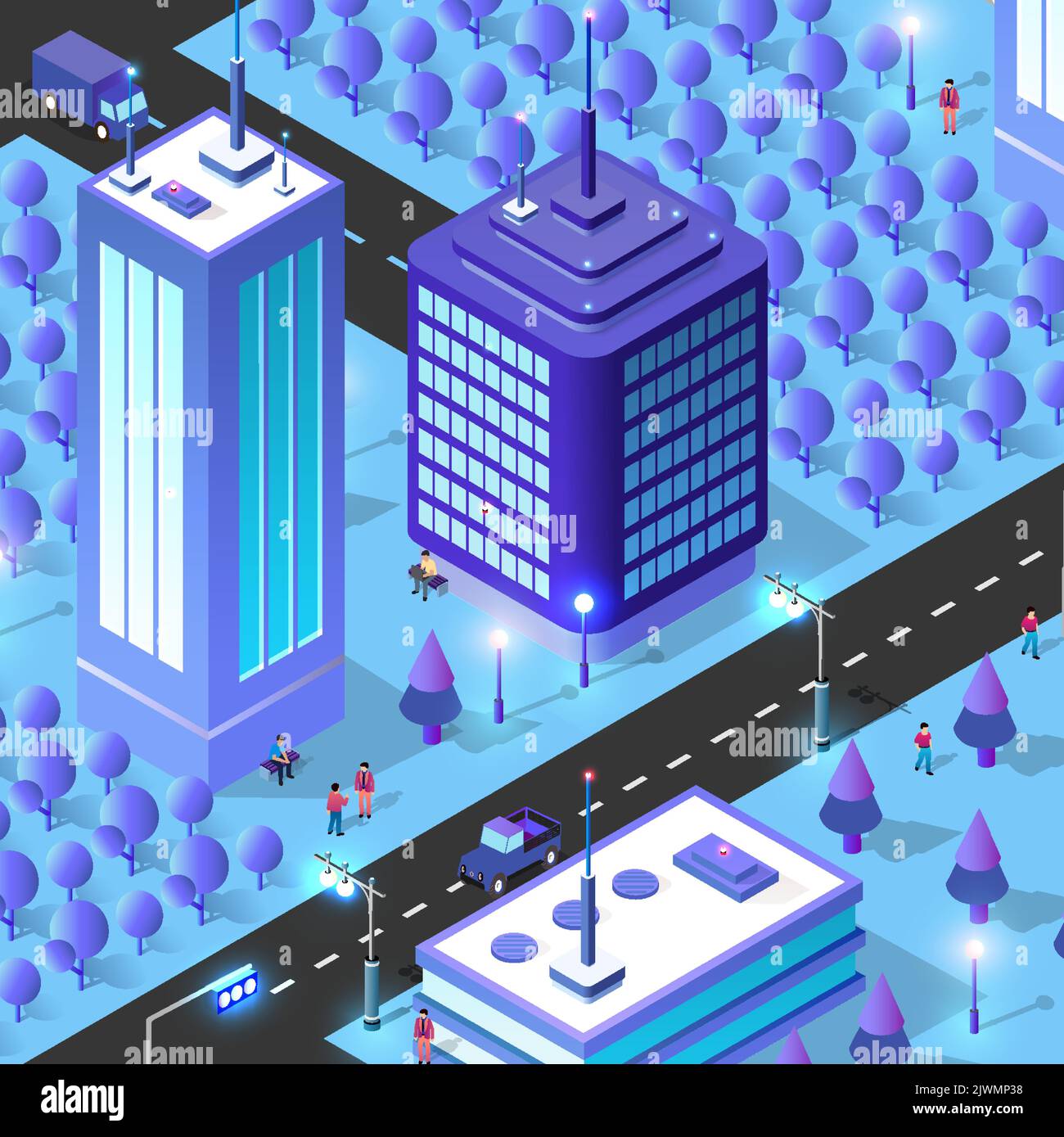 Night background isometric smart blue 3D illustration. Stock Vector