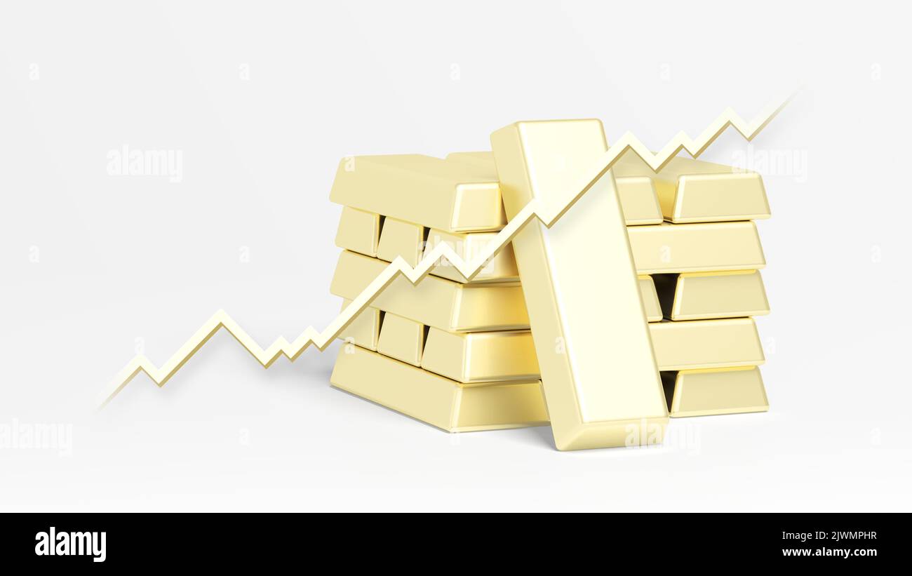 Gold bars isolated on white background. Trading chart. Gold price. Growth. 3d illustration. Stock Photo