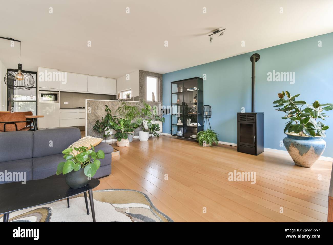 Contemporary luxury design of living room with kitchen and dining table near window Stock Photo