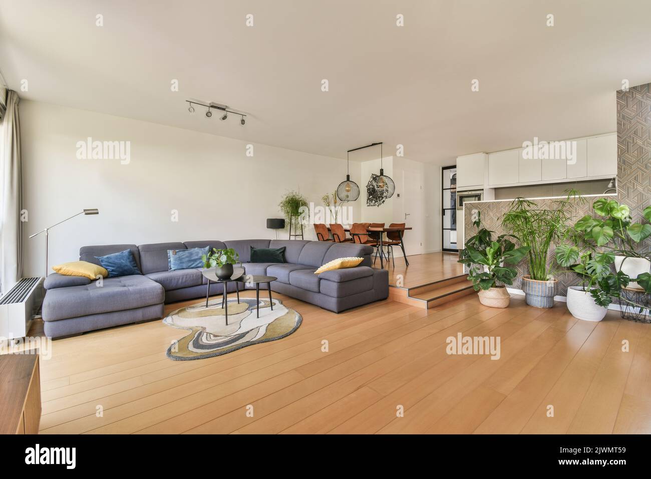 Contemporary luxury design of living room with kitchen and dining table near window Stock Photo