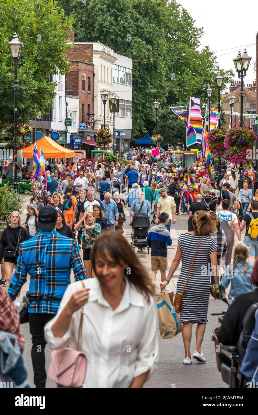 Crowded High Street after Lincoln Pride Parade Stock Photo