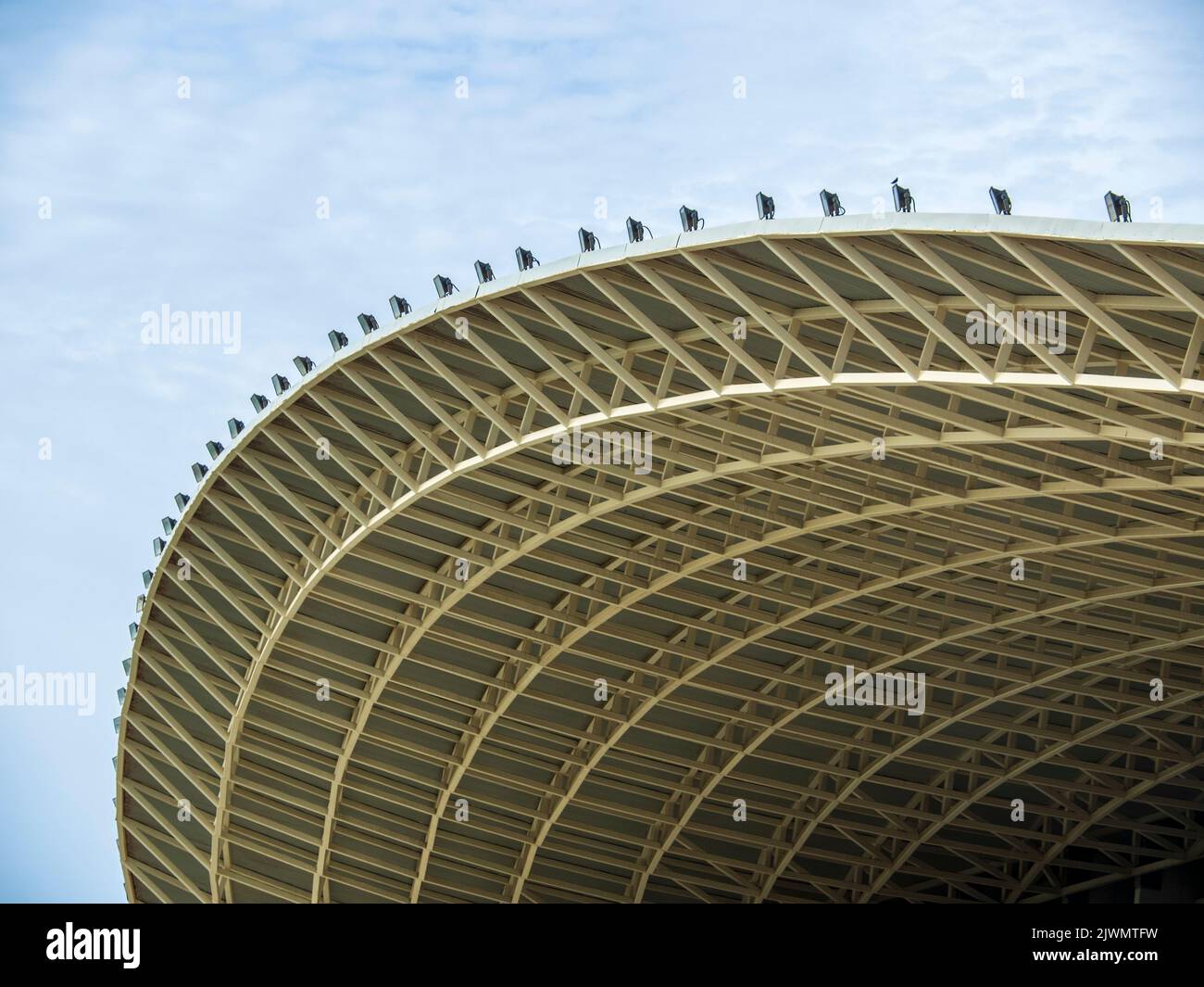 Pergola with floodlights at the athletics stadium in Malaga. Stock Photo