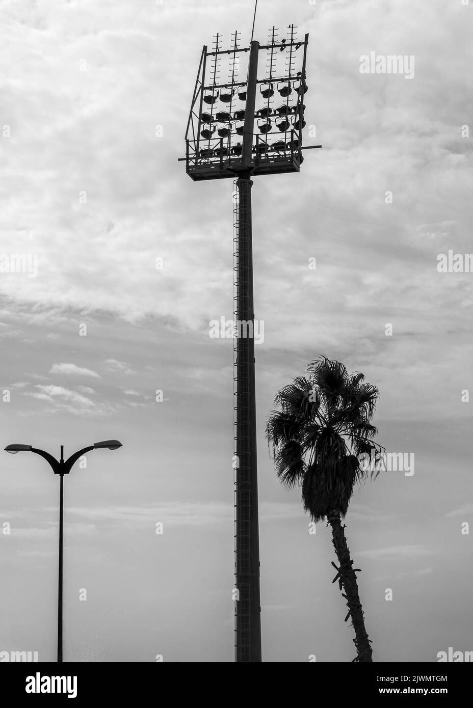 Lighting tower of the athletics stadium of Malaga Stock Photo