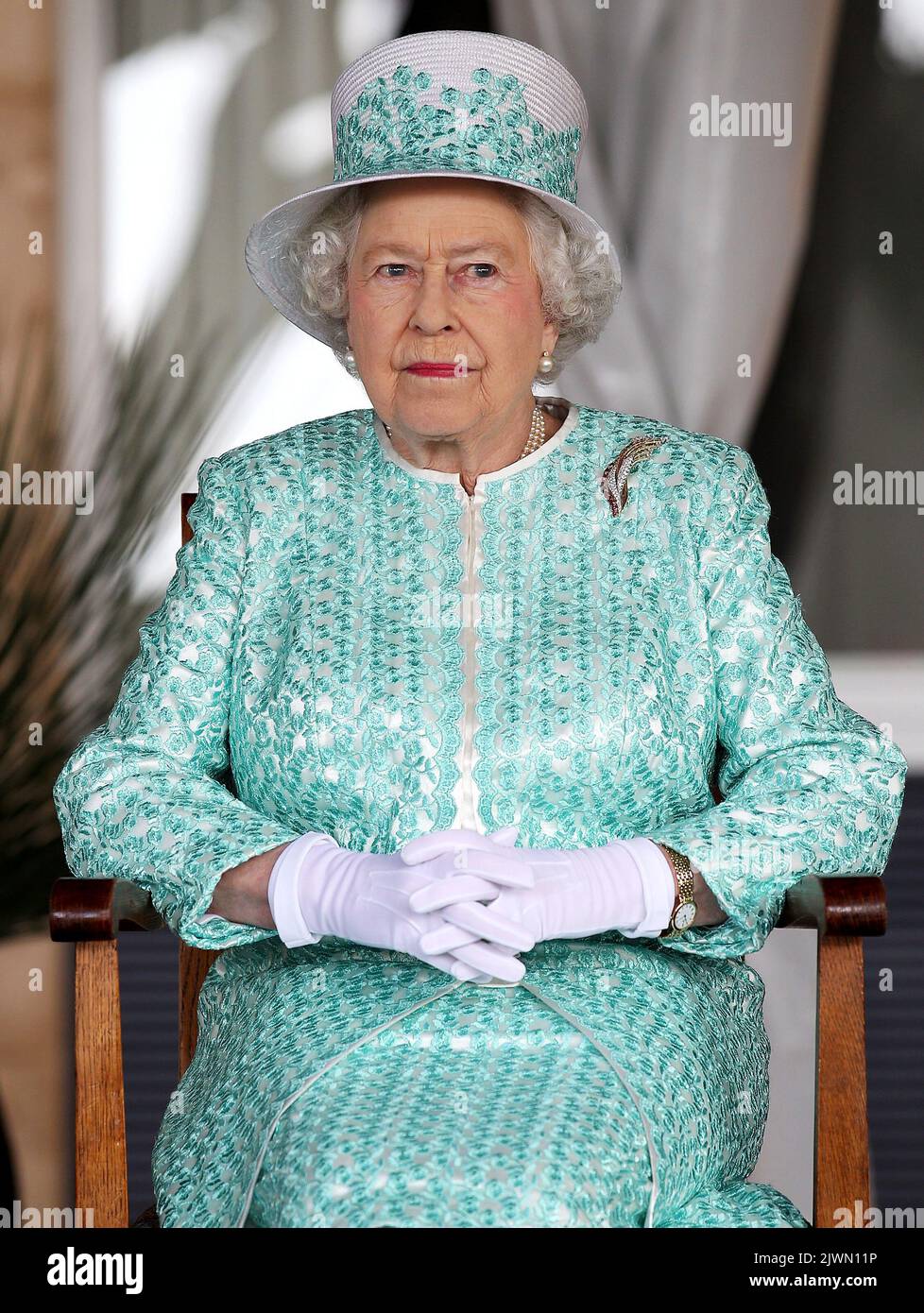 Queen Elizabeth II looks on during a visit to Clontarf Aboriginal