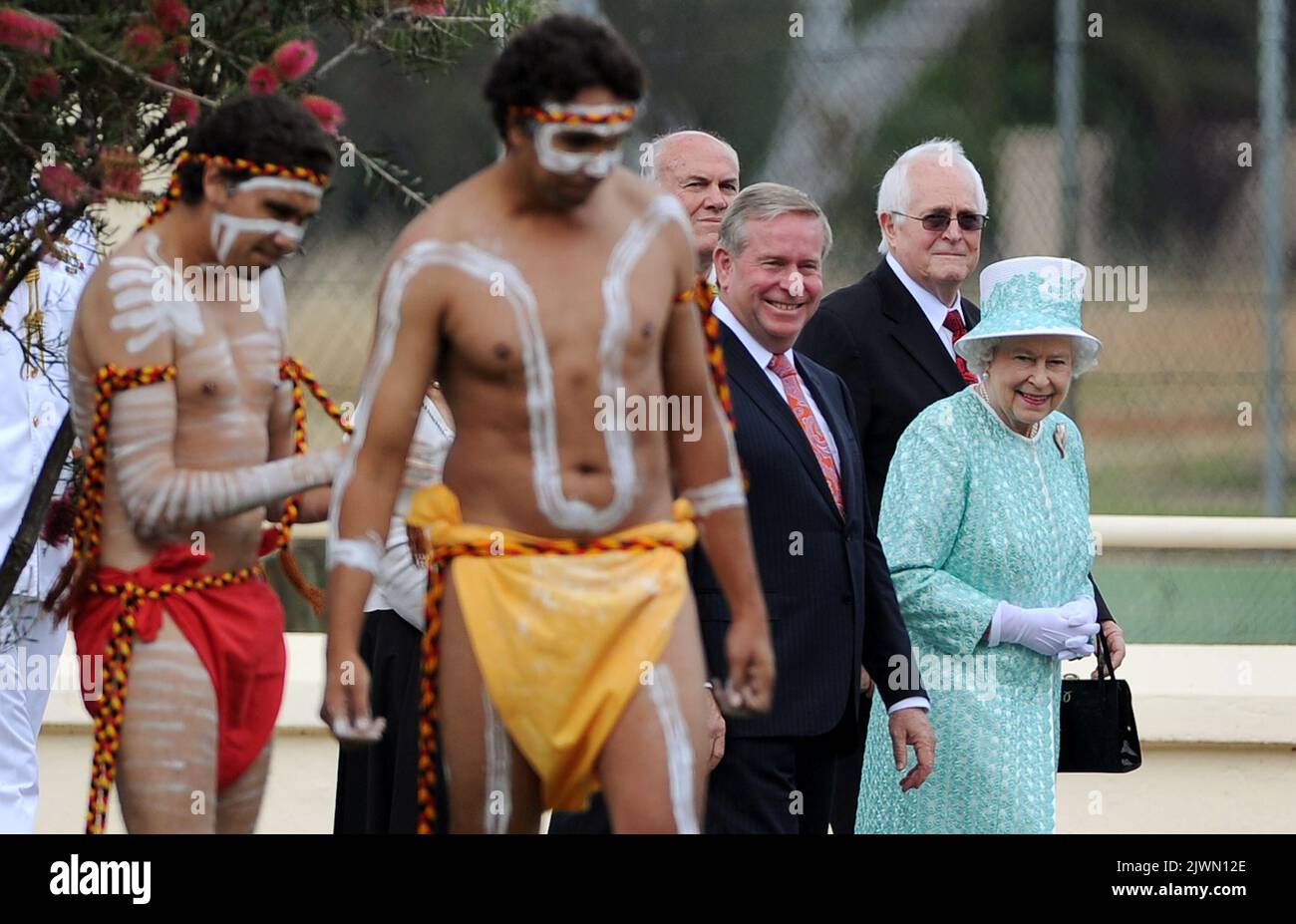 Britain's Queen Elizabeth II (R) watches Aboriginal dancers as she ...