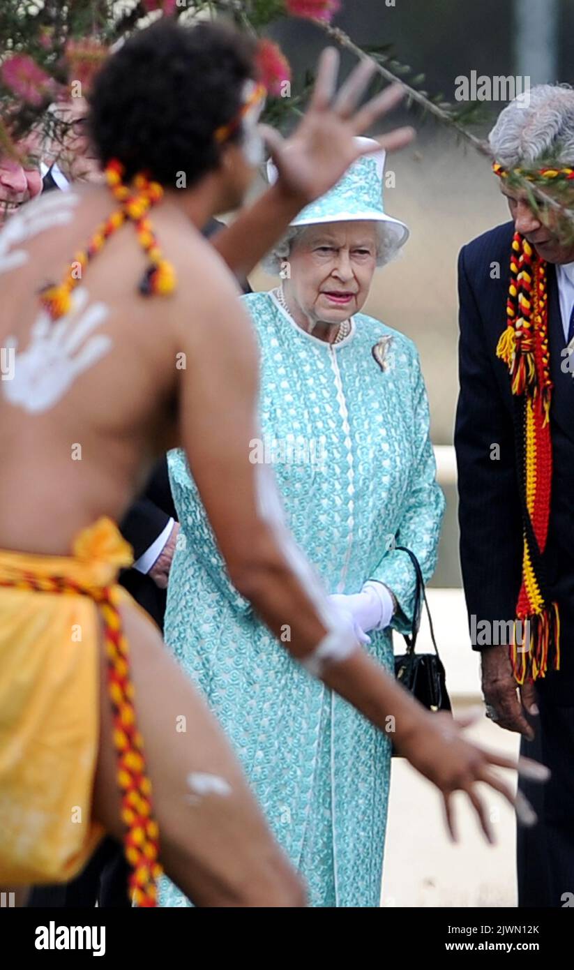 Britain's Queen Elizabeth II (C) watches Aboriginal dancers as she ...