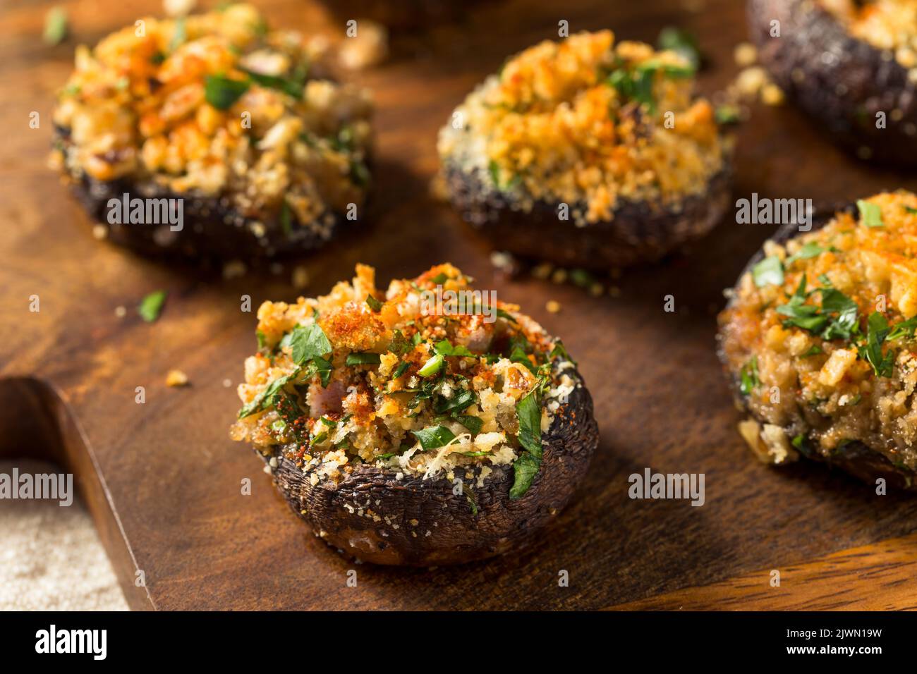 Homemade Stuffed Mushroom Appetizer with Cheese and Breadcrumbs Stock