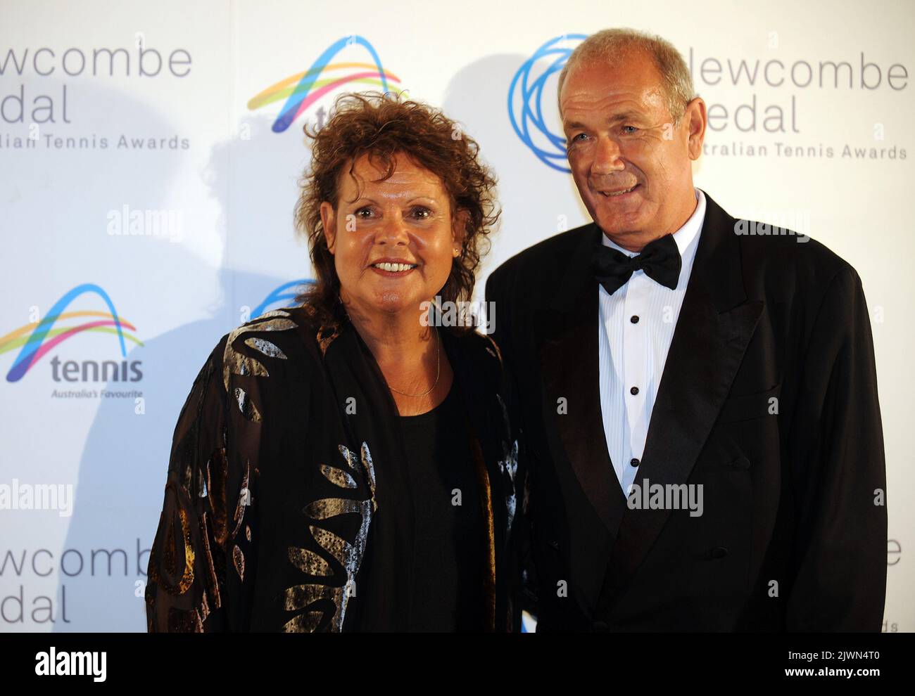 Australian tennis legend Evonne Goolagong Cawley and partner Roger Cawley  join tennis royalty on the Blue Carpet at the Newcombe Medal night, at the  Crown entertainment complex in Melbourne, Monday Dec. 5,