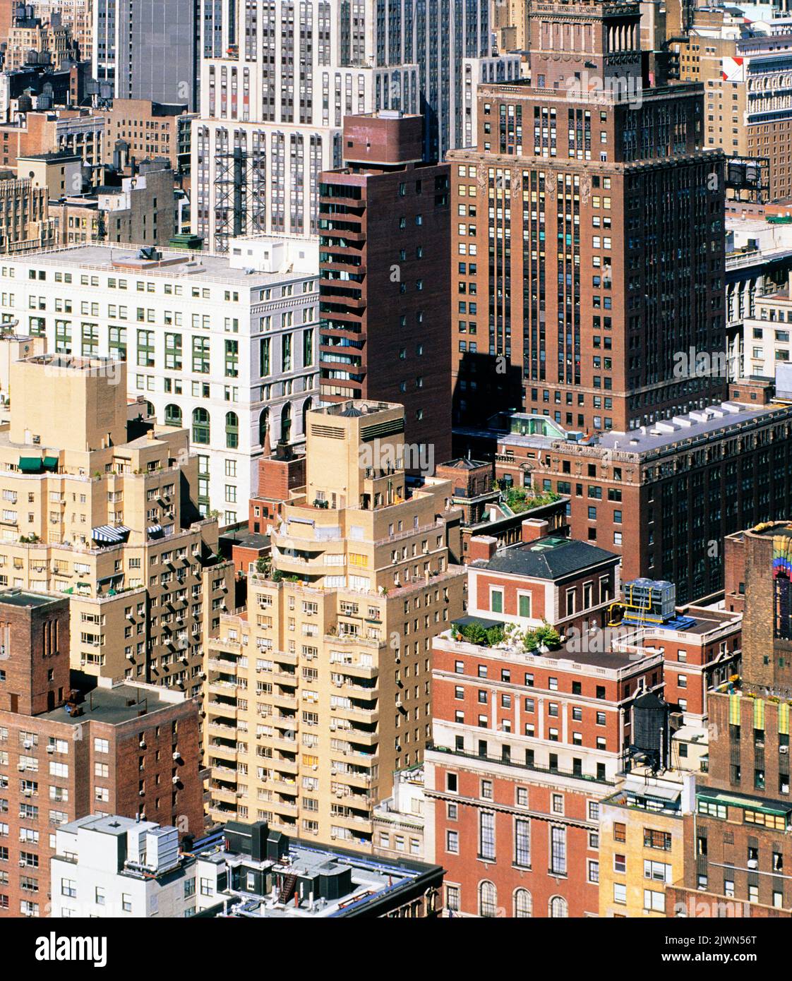 Midtown Manhattan skyscrapers in New York City USA. Tops of buildings seen from above. Aerial city view. USA Stock Photo