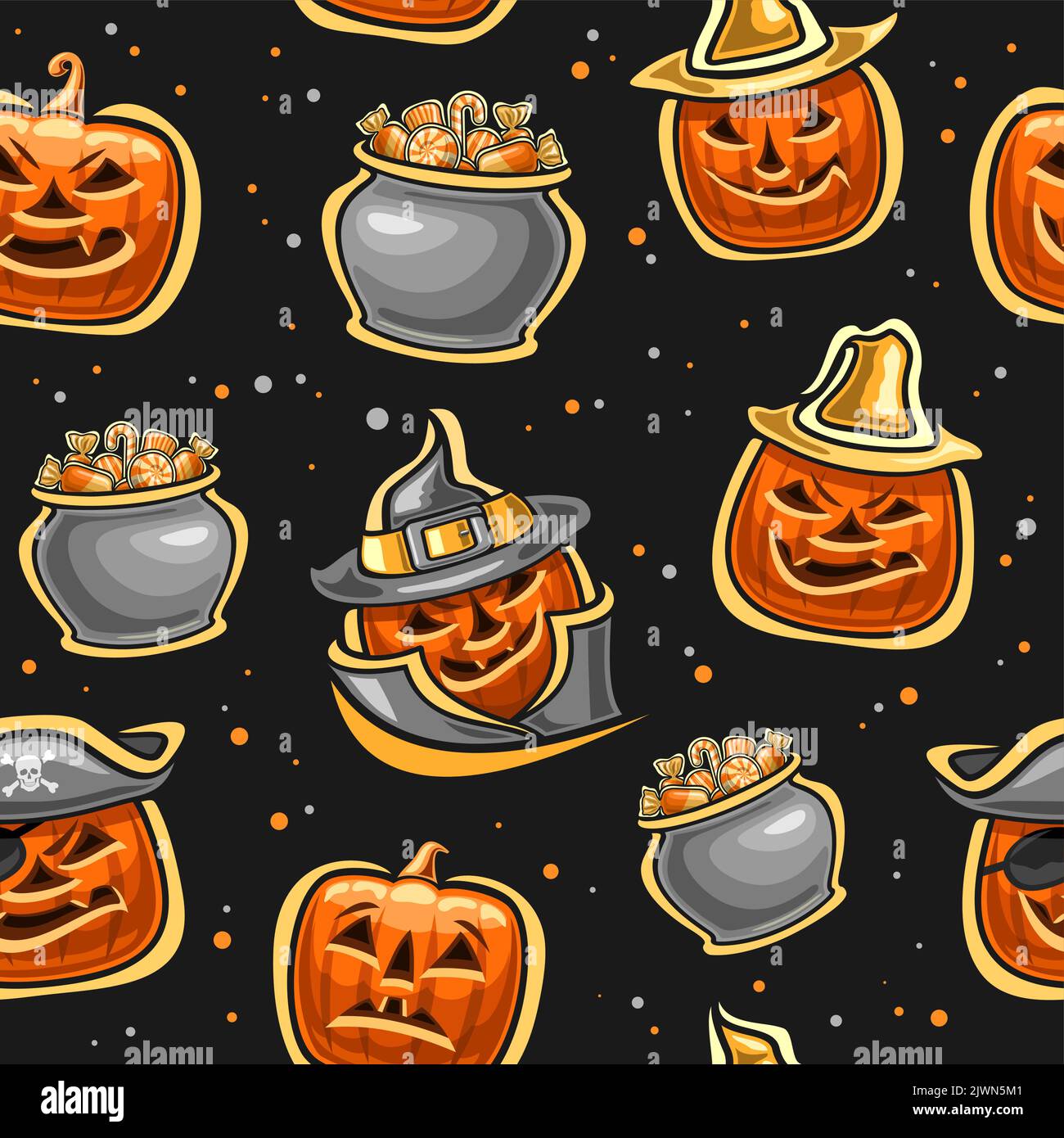 Vector Halloween seamless pattern, square repeating background with cut out illustrations of orange halloween jack-o-lanterns in hats and rustic pots Stock Vector