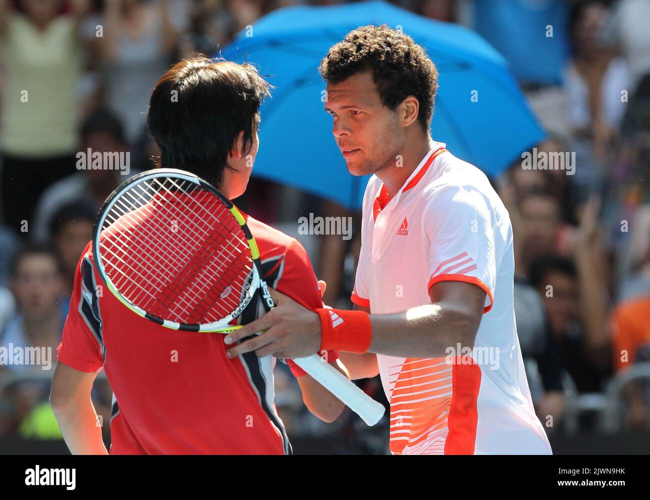 Jo-Wilfried Tsonga of France and Kei Nishikori of Japan shake hands after  their men's fourth round match against at the Australian Open Grand Slam  tennis tournament in Melbourne, Australia, 23 January 2012