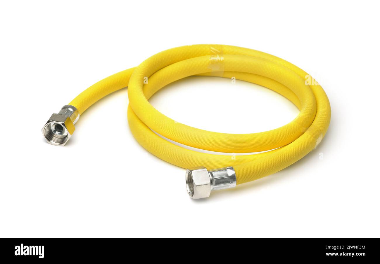 Roll of yellow reinforced hose isolated on white Stock Photo