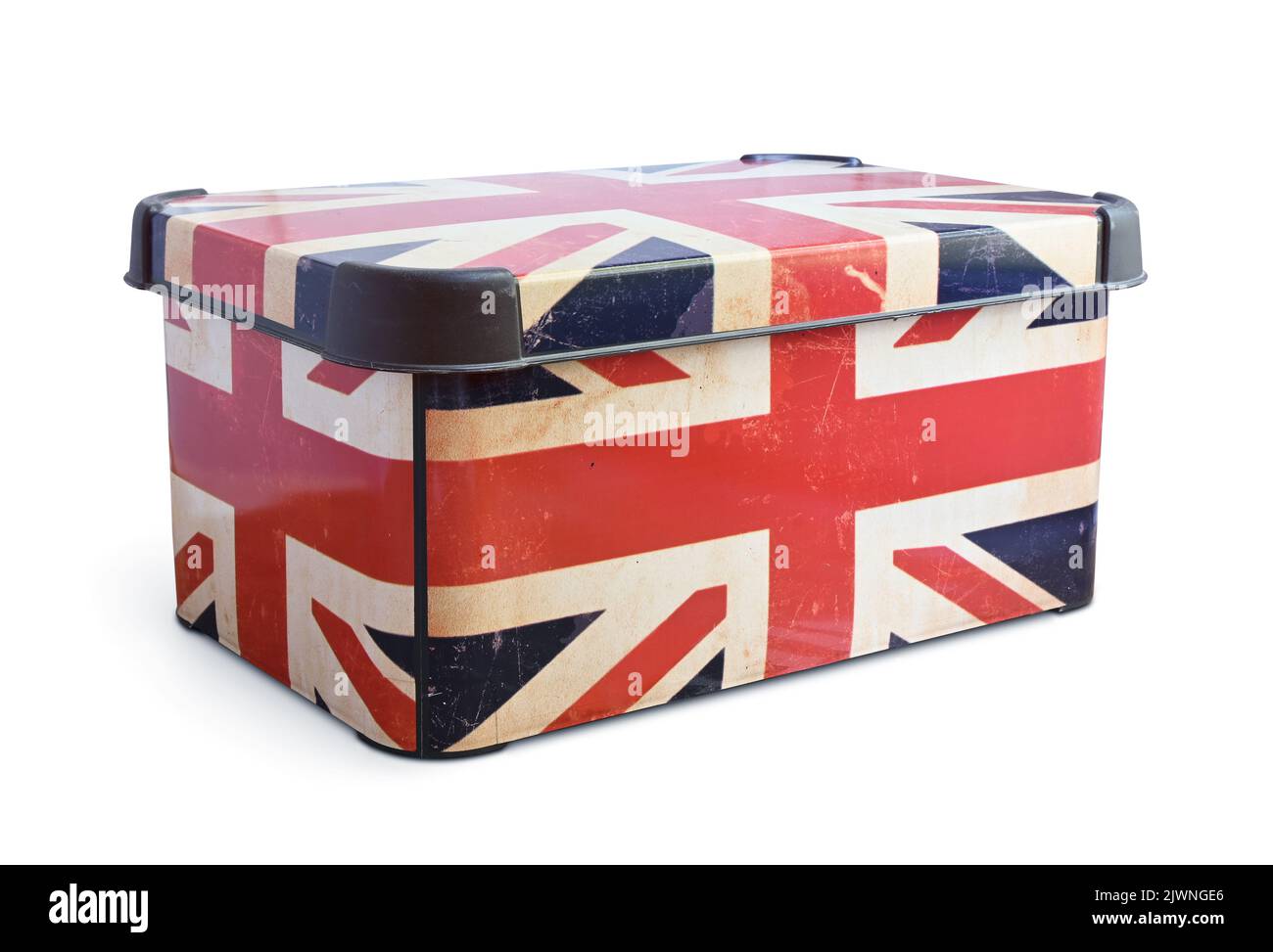 Old British Union Jack tin box isolated on white Stock Photo