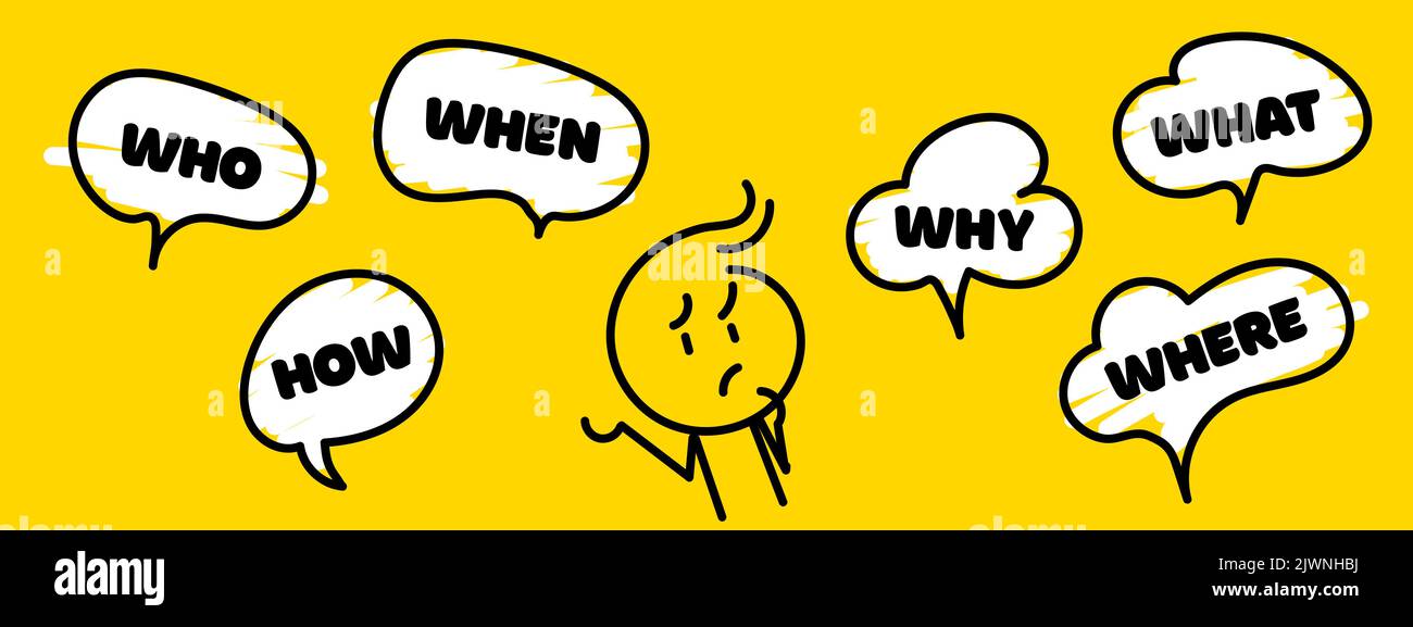 Question who, what, how, why, for what and where. Speech bubble with ...