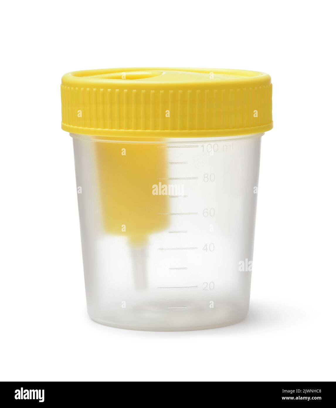 Front view of empty plastic disposable specimen medical test container isolated on white Stock Photo