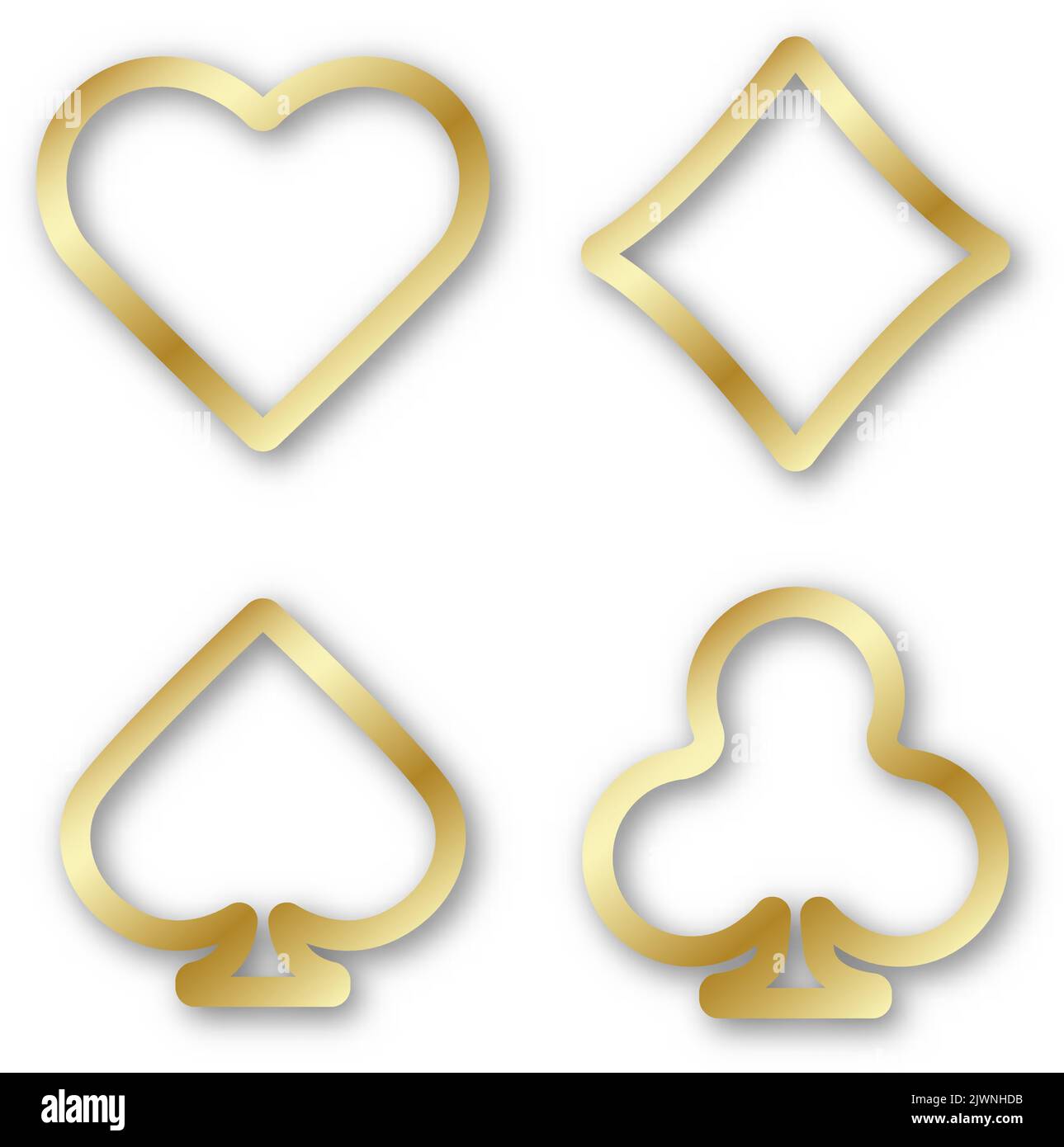 Gold icons symbols of playing suits. Hearts, spades, diamonds and clubs