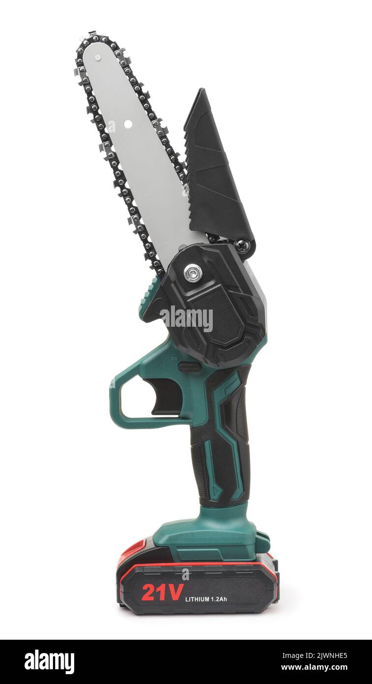 Side view of mini portable electric chain saw isolated  on white Stock Photo