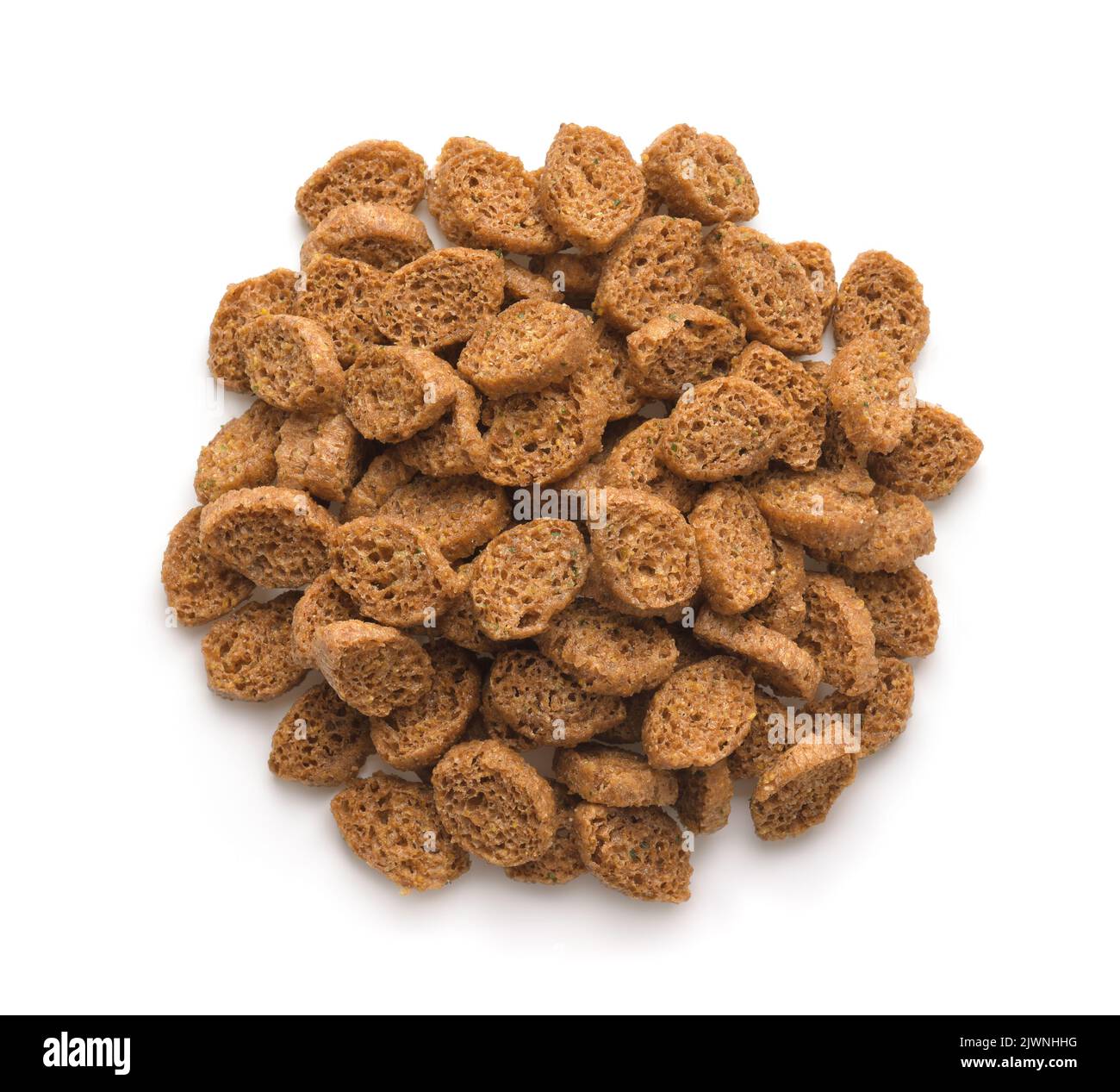 Top view of homemade rye bread croutons isolated on white Stock Photo