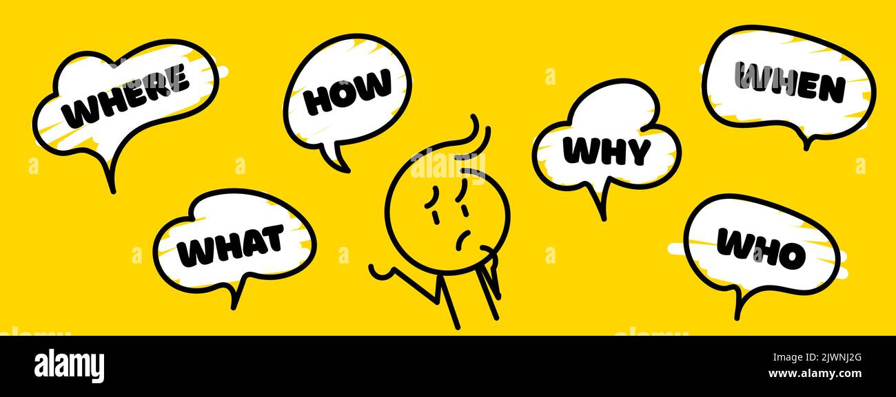 Question who, what, how, why, for what and where. Speech bubble with ...
