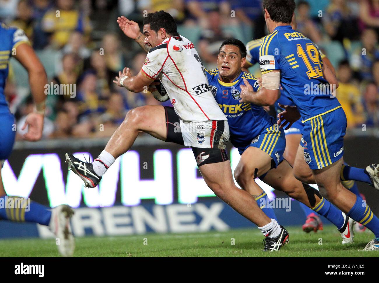 Konrad Hurrell makes a break to score during NRL Rugby League match ...
