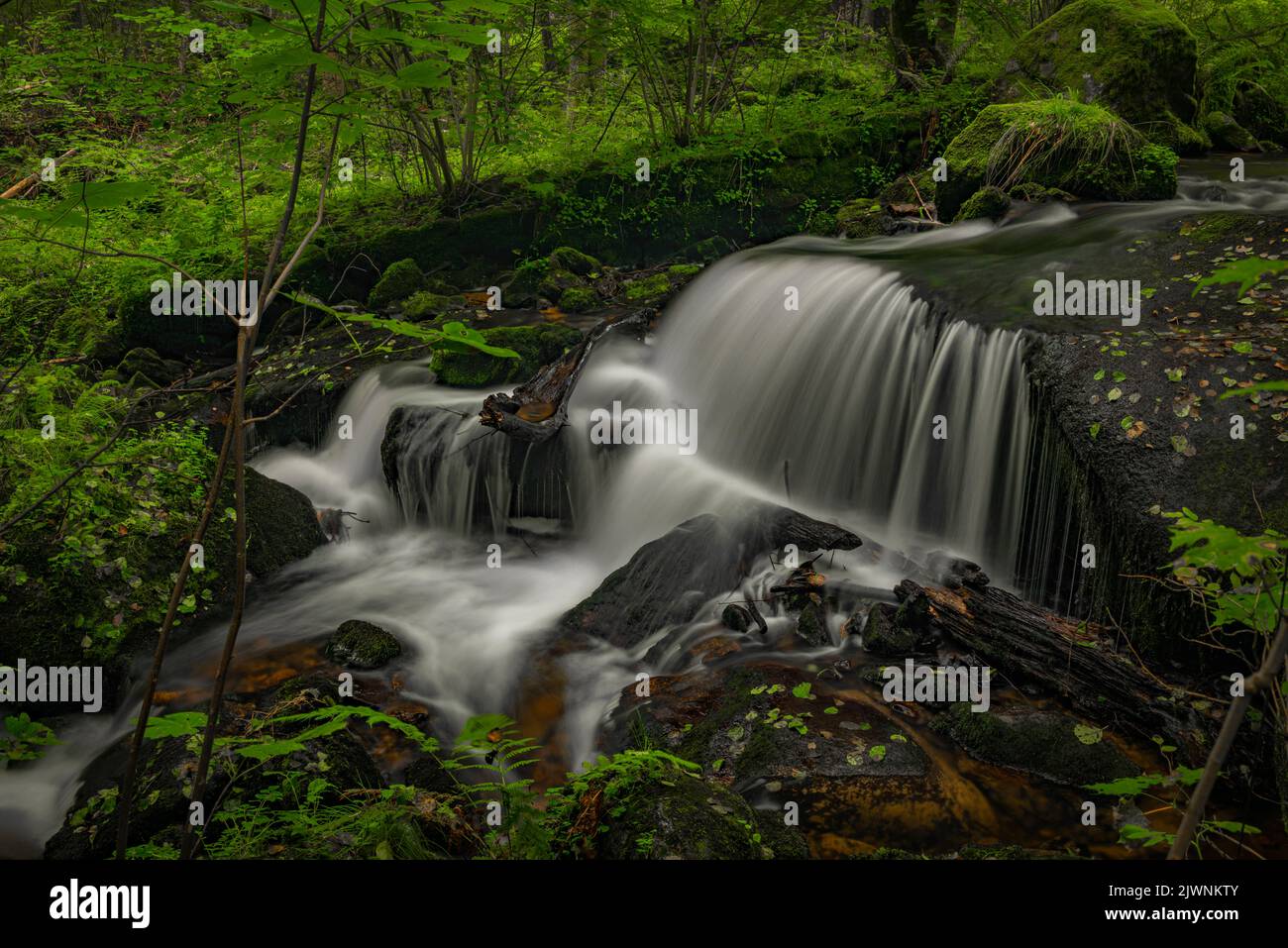 Waterfall under floodgate near Vyssi Brod town in cloudy summer fresh day Stock Photo