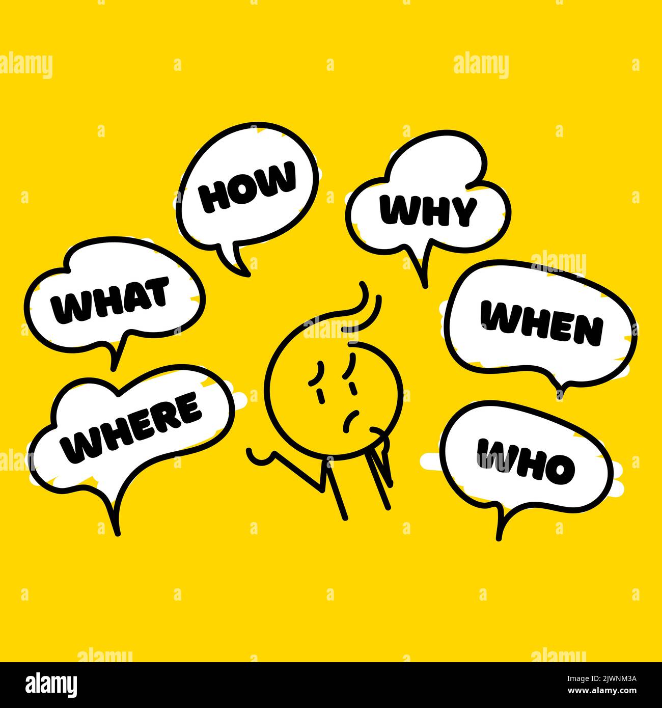 Question who, what, how, why, for what and where. Speech bubble with ...