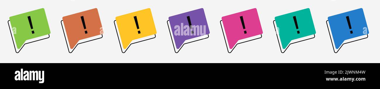 Multicolored speech bubble icons. Flag icon with exclamation mark or point. Illustration on white isolated background with text communication. Communi Stock Vector