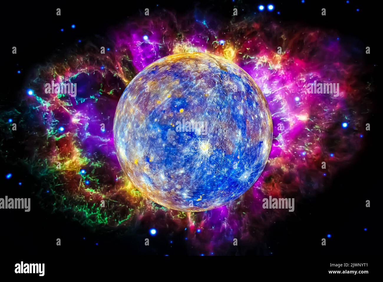 Mercury planet with colorful nebula. Space background. Elements of the image furnished by NASA. Stock Photo