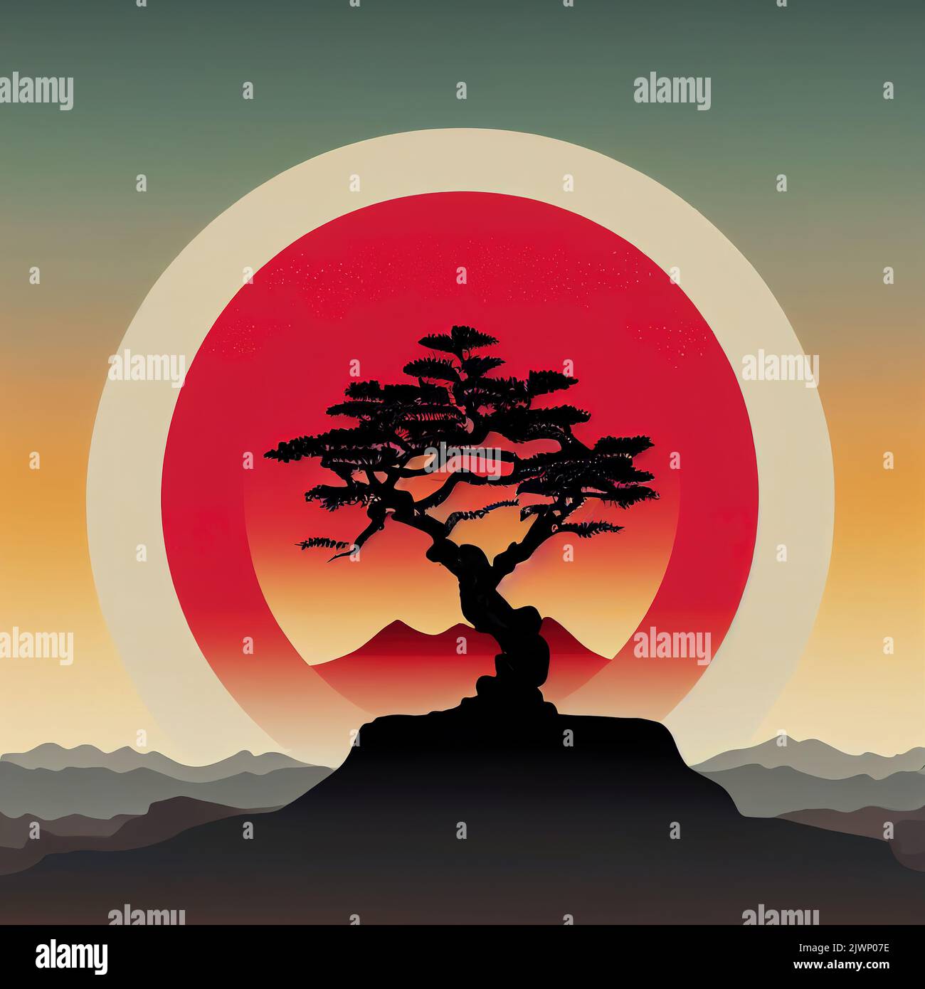 Traditional japanese tree bansai picture paint illustration vintage