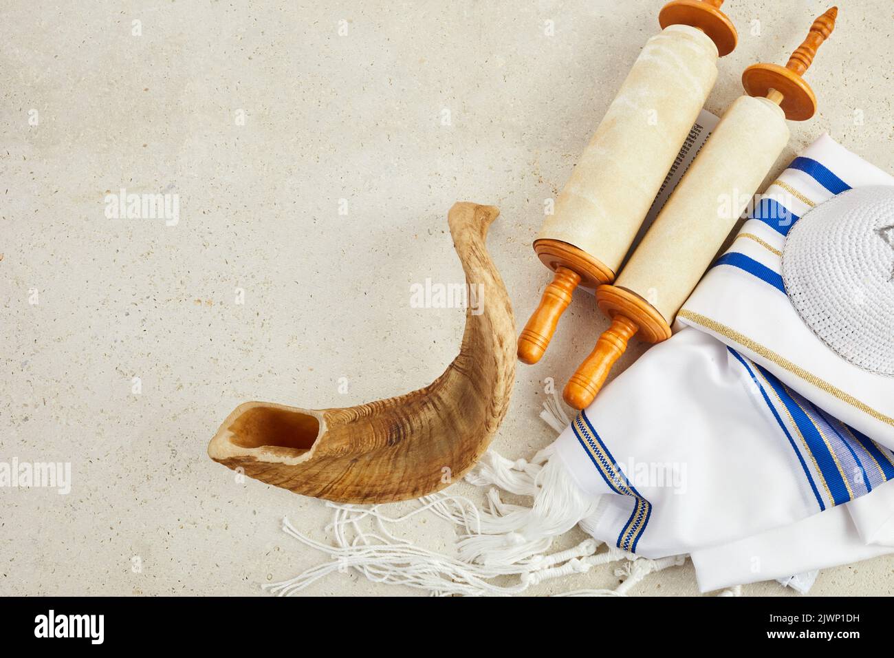 Yom kippur concept. Tallit, Thorah and Shofar jewish religious symbols Stock Photo