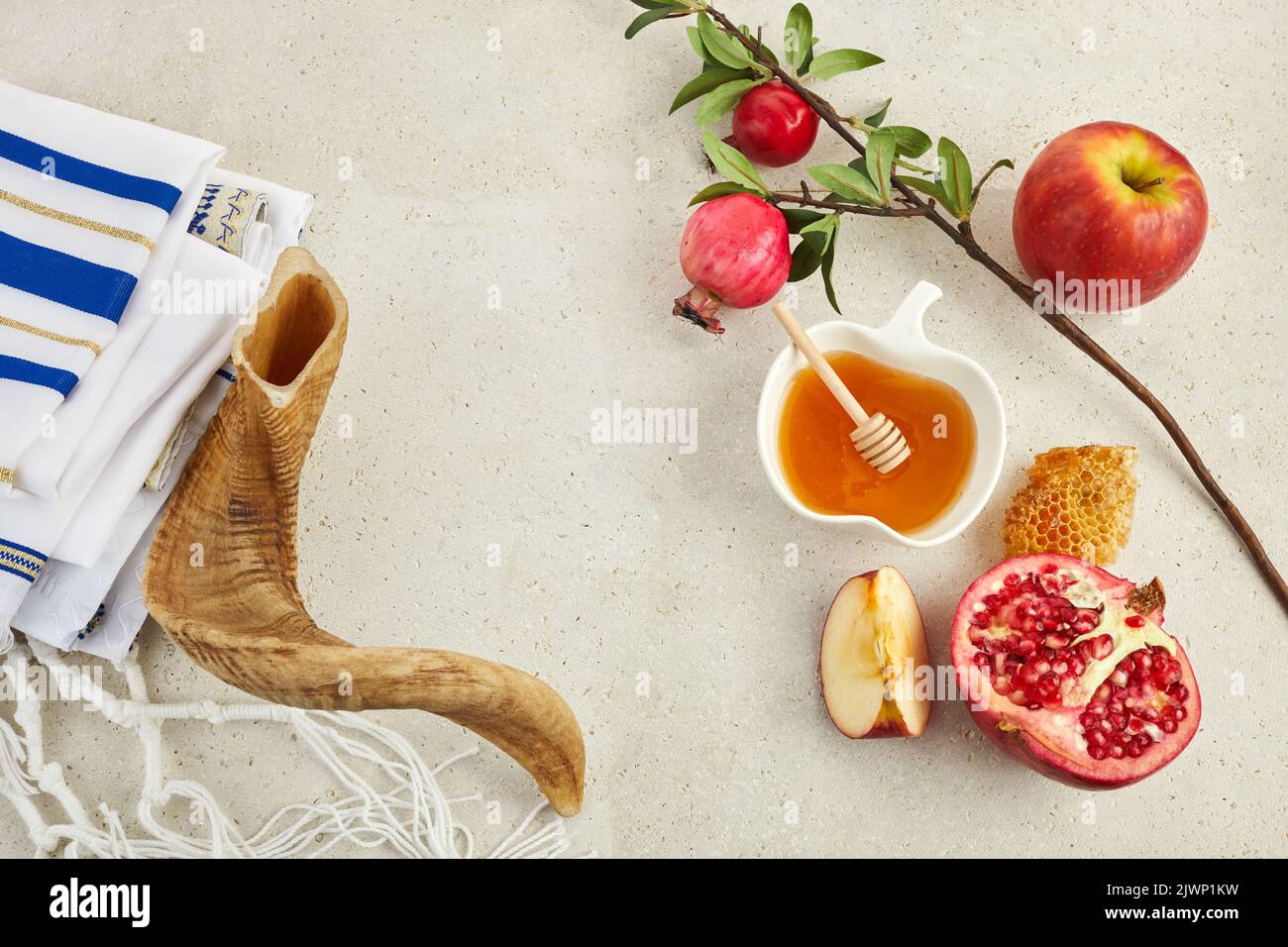 Rosh hashanah, jewish New Year holiday concept. Pomegranate, apples and