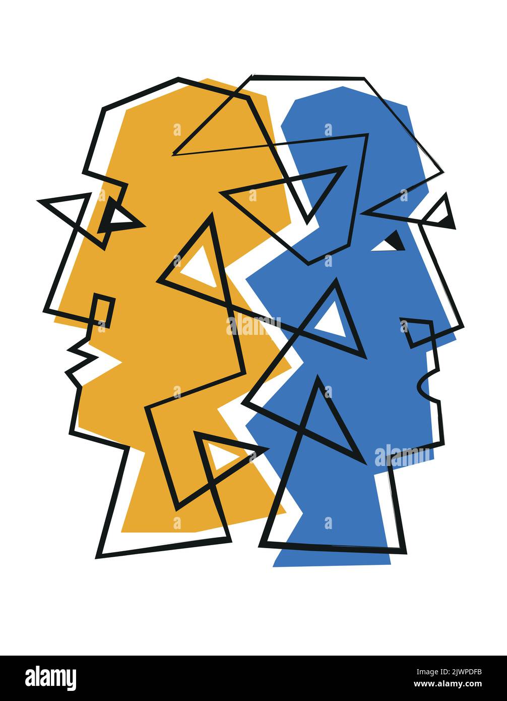 Schizophrenia depression, bipolar disorder, male heads, lineart. Expressive illustration of connected Male heads. Vector available. Stock Vector