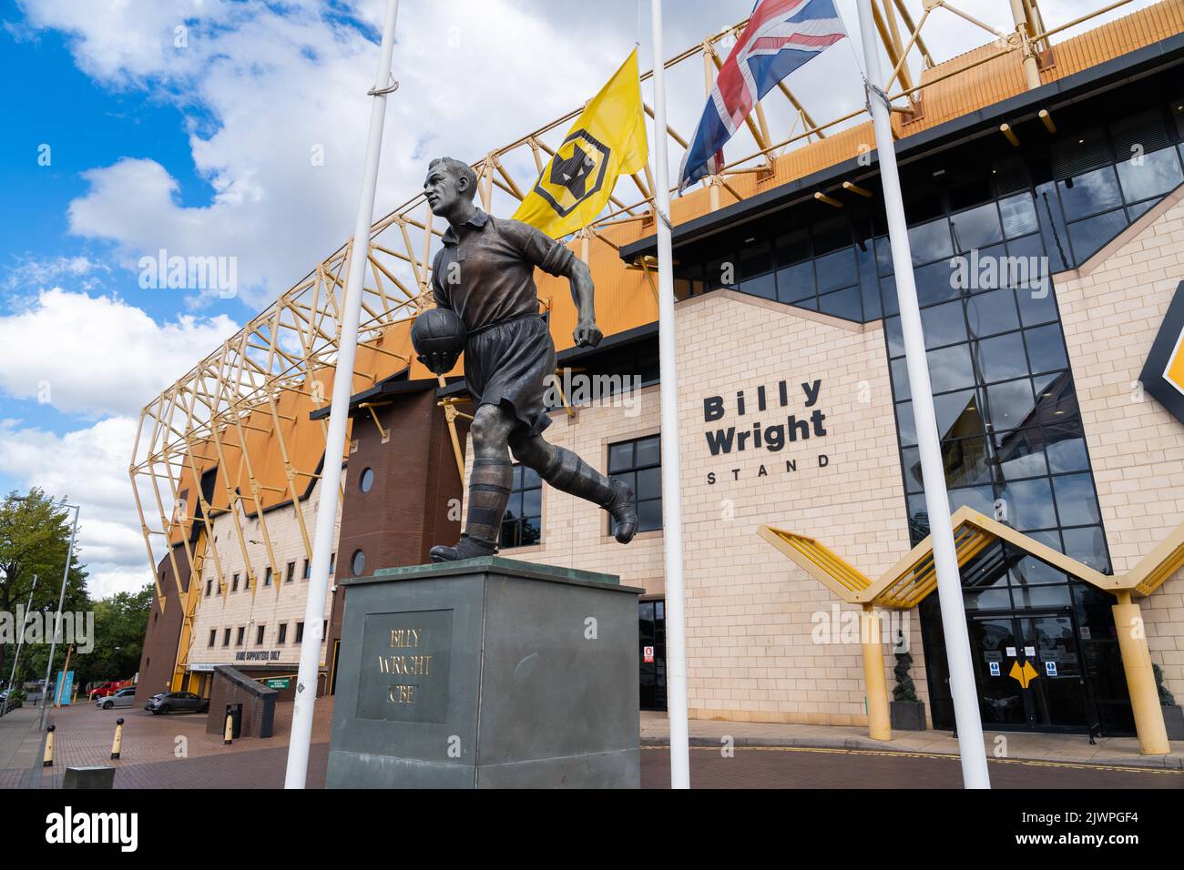 The Billy Wright statue outside of the Wolverhampton Wanderers Molineux stadium in Wolverhampton in the UK Stock Photo