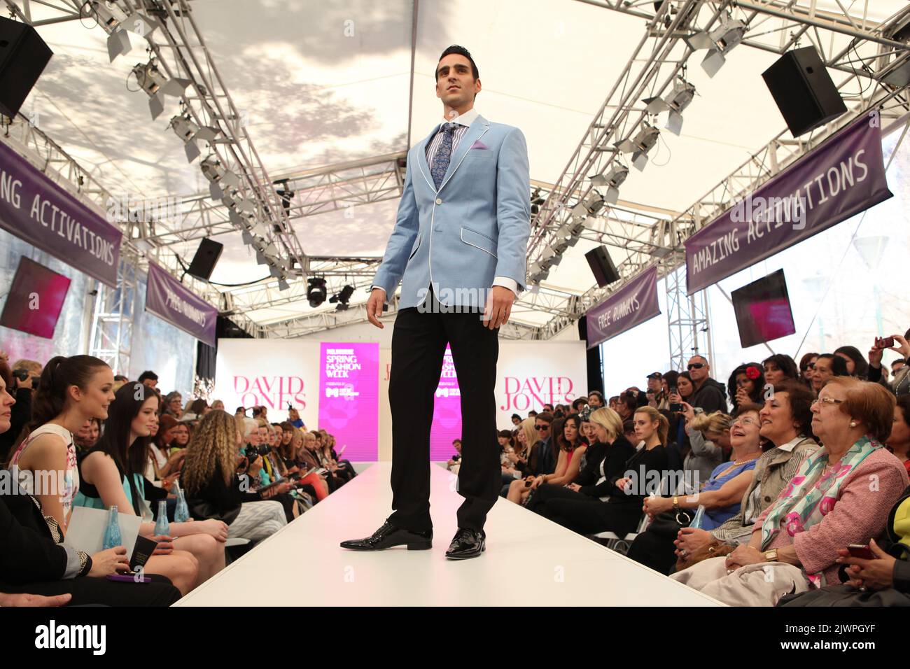 A model walks the runway during the David Jones Spring Racewear Launch on the opening day of Melbourne Spring Fashion Week in Melbourne on Monday Sep. 3 2012. The preview featured David