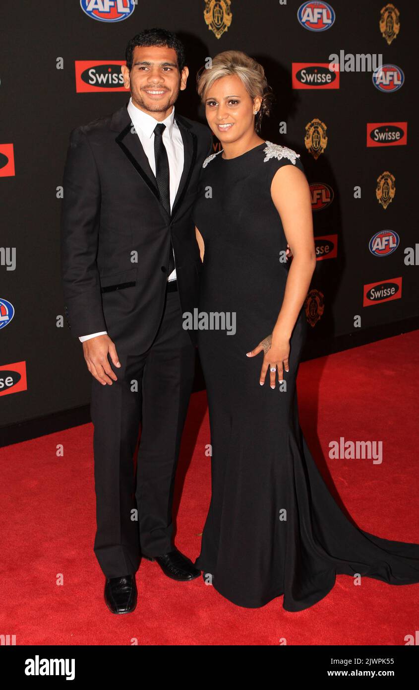 Hawthorn player Cyril Rioli and Shannyn Ah Sam at the red carpet arrivals for the AFL Brownlow