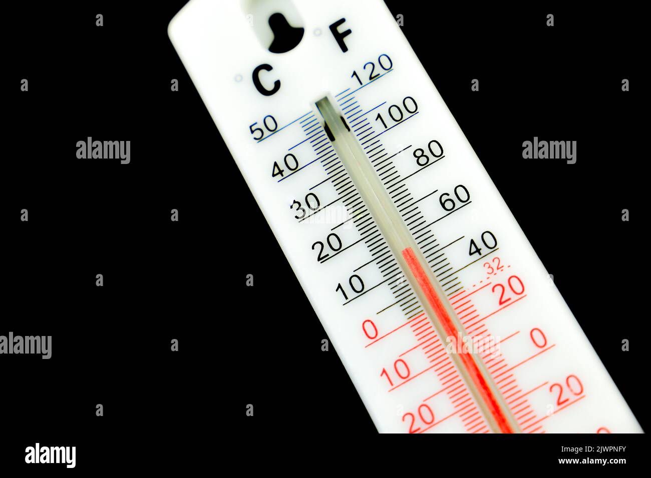 15 Celsius and almost 50 Fahrenheit degrees on a thermometer on black background Stock Photo