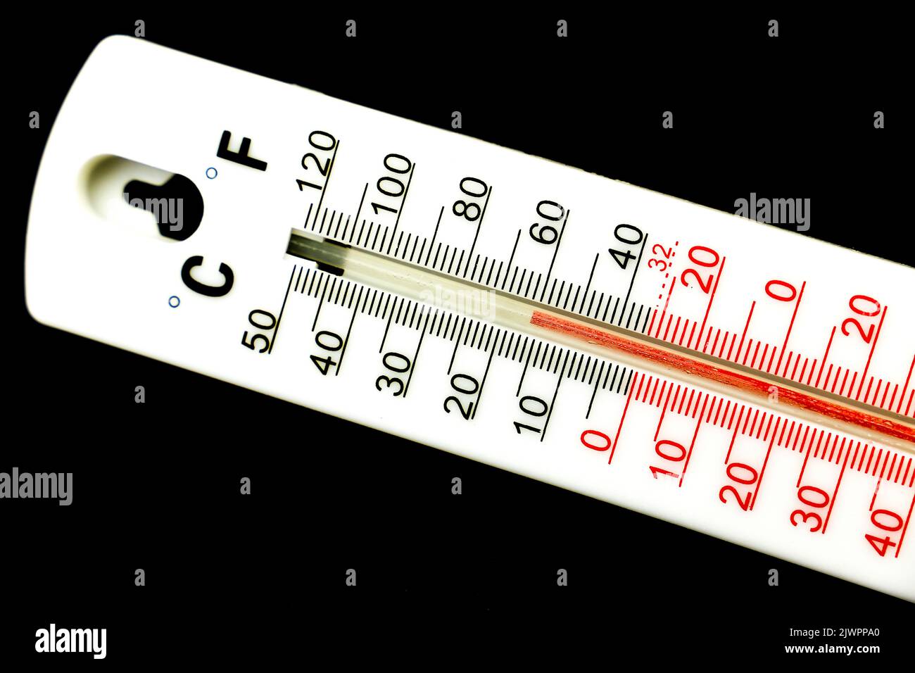 15 Celsius and almost 50 Fahrenheit degrees on a thermometer on black background Stock Photo