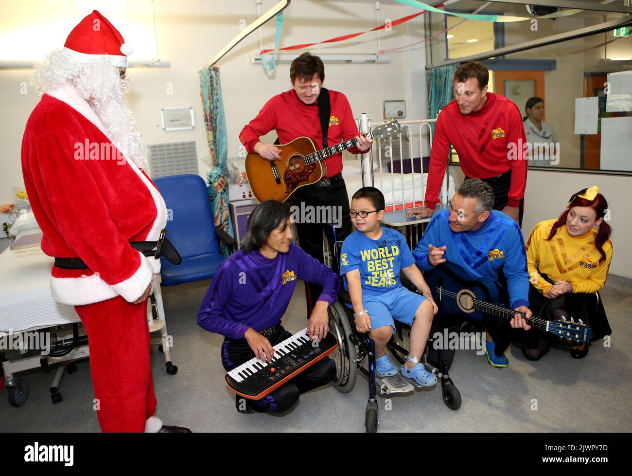 The Wiggles visit Abraham Mok (5) from Campsite at Sydney Children's