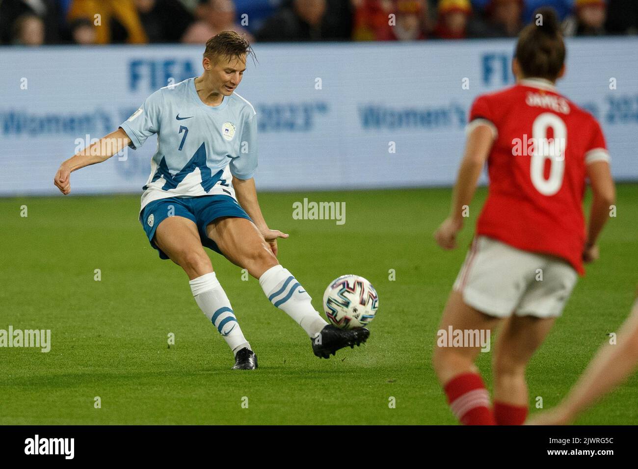 Cardiff, UK. 6th Sep, 2022. Kristina Erman of Slovenia crosses the ball during the Wales v Slovenia Women's World Cup Qualification match. Credit: Gruffydd Thomas/Alamy Live News Stock Photo