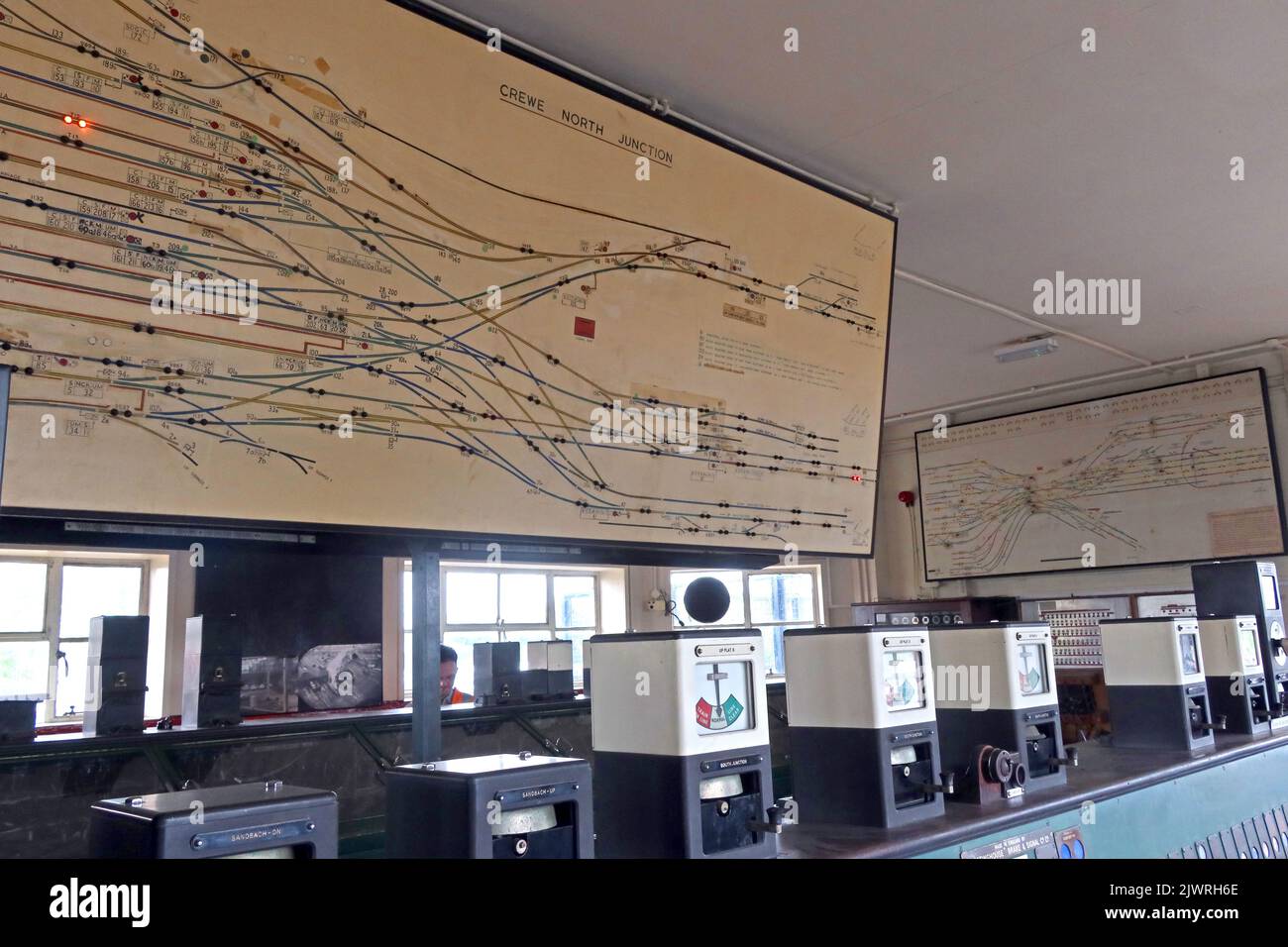 Track layout at Crewe North Junction signal box, with Westinghouse All Electric Style 'L' lever frame, Cheshire, England, UK ,CW1 2DB Stock Photo