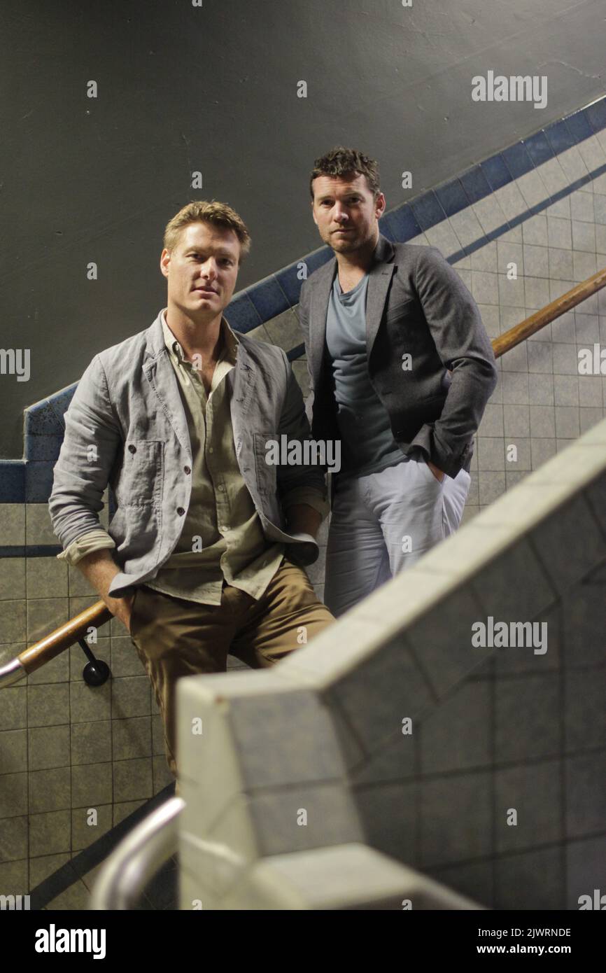 Australian actors Myles Pollard (left) and Sam Worthington pose for  photographs in Sydney, Monday, April 15, 2013. Myles Pollard, Sam  Worthington and Xavier Samuel are promoting their new film 'Drift'. (AAP  Image/Lukas, image size:866x1390