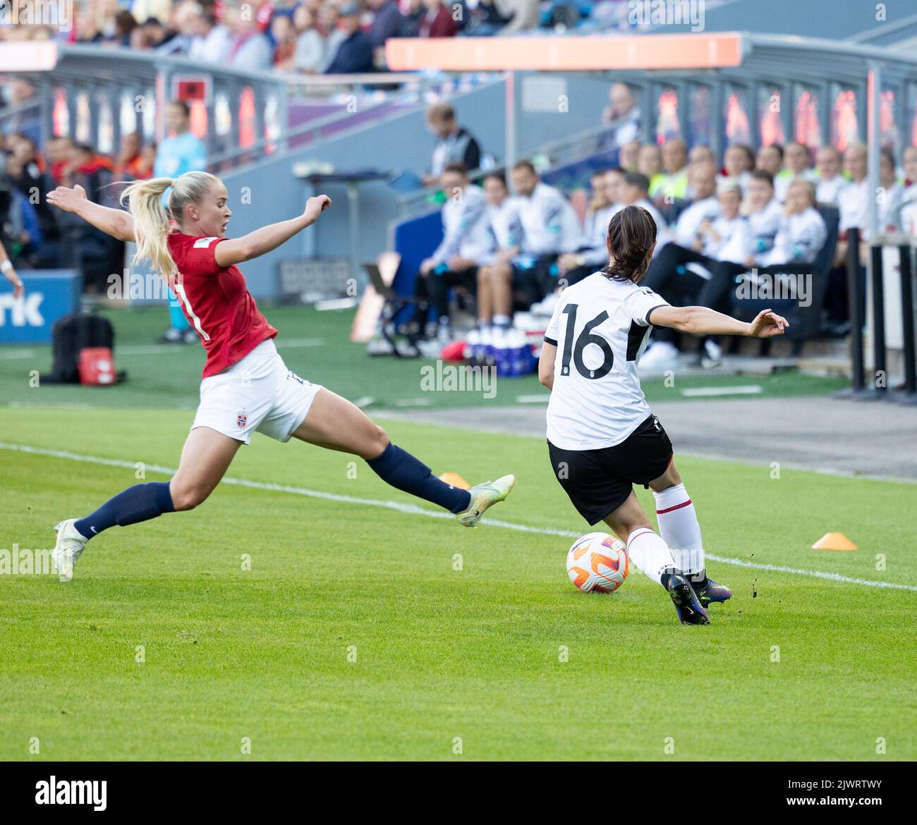 Oslo, Norway. 06th Sep, 2022. Oslo, Norway, September 6th 2022: Battle for the ball at the World Cup Qualification game between Norway and Albania at Ullevaal Stadium in Oslo, Norway (Ane Frosaker/SPP) Credit: SPP Sport Press Photo. /Alamy Live News Stock Photo