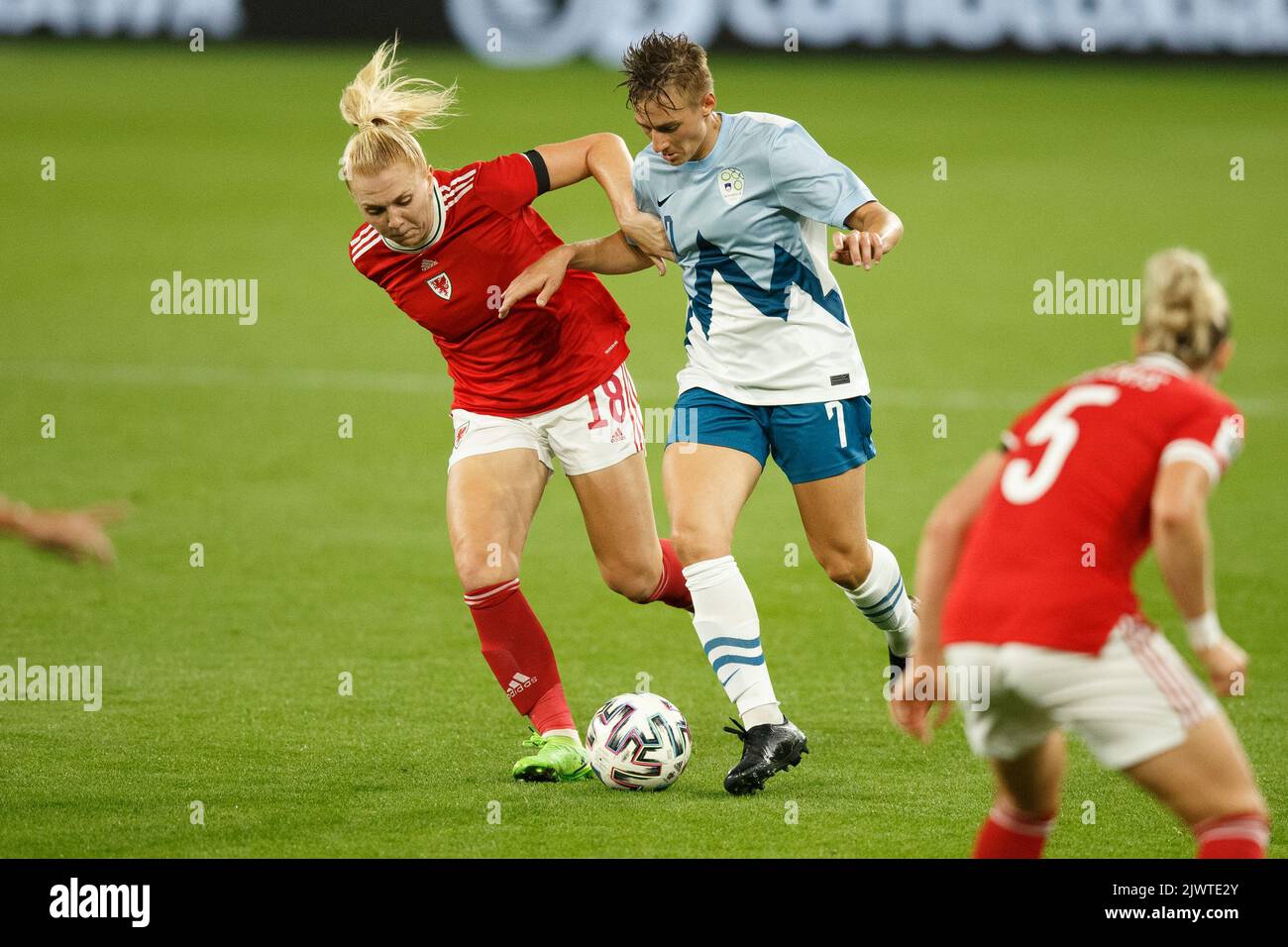 Cardiff, UK. 6th Sep, 2022. Ceri Holland of Wales and Kristina Erman of Slovenia during the Wales v Slovenia Women's World Cup Qualification match. Credit: Gruffydd Thomas/Alamy Live News Stock Photo