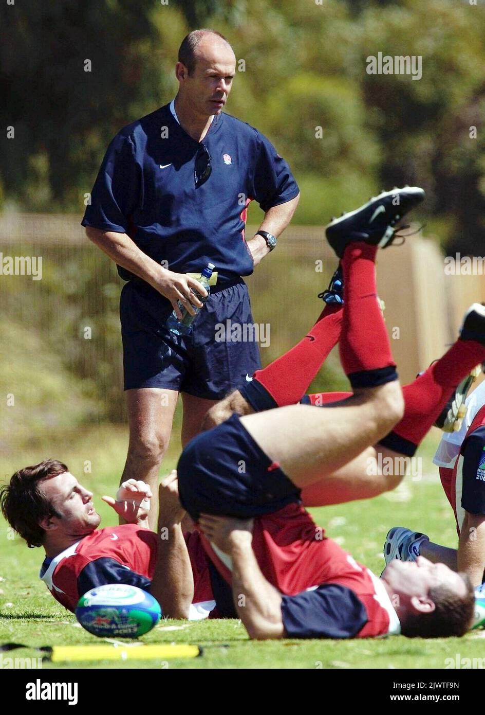 Clive Woodward, coach for the English Rugby Union team during their  training run held at Hale School near Perth. England are in Australia as  part of the Rugby World Cup Series which